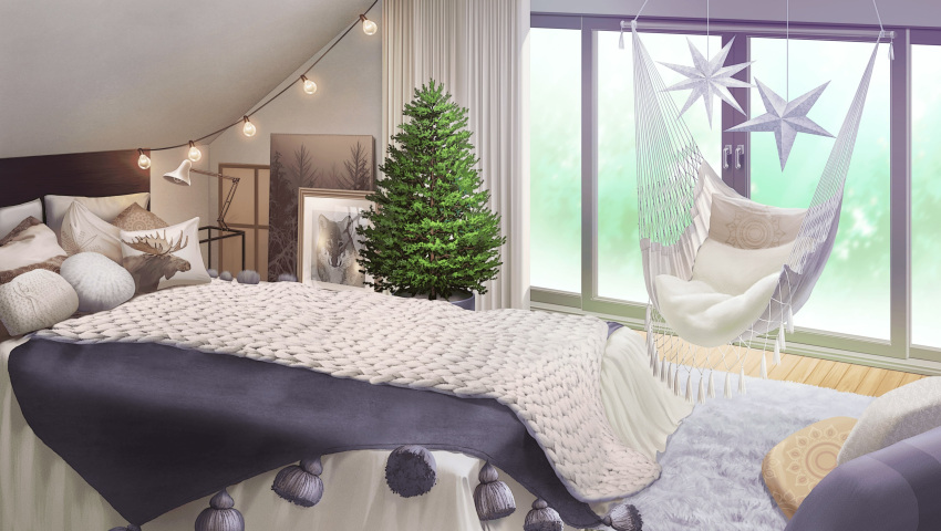 absurdres artist_request bed bed_sheet bedroom blanket desk_lamp english_commentary existence game_cg hammock highres indoors lamp moose no_humans painting_(object) pillow plant potted_plant rug second-party_source star_(symbol) tree window wolf