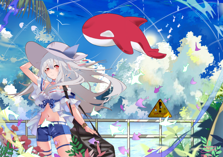 1girl absurdres arknights bag bare_shoulders closed_mouth fish floating_hair foxx_(rftx8228) hat highres jellyfish shorts signature skadi_(arknights) sky solo swimsuit swimwear tree whale white_hair