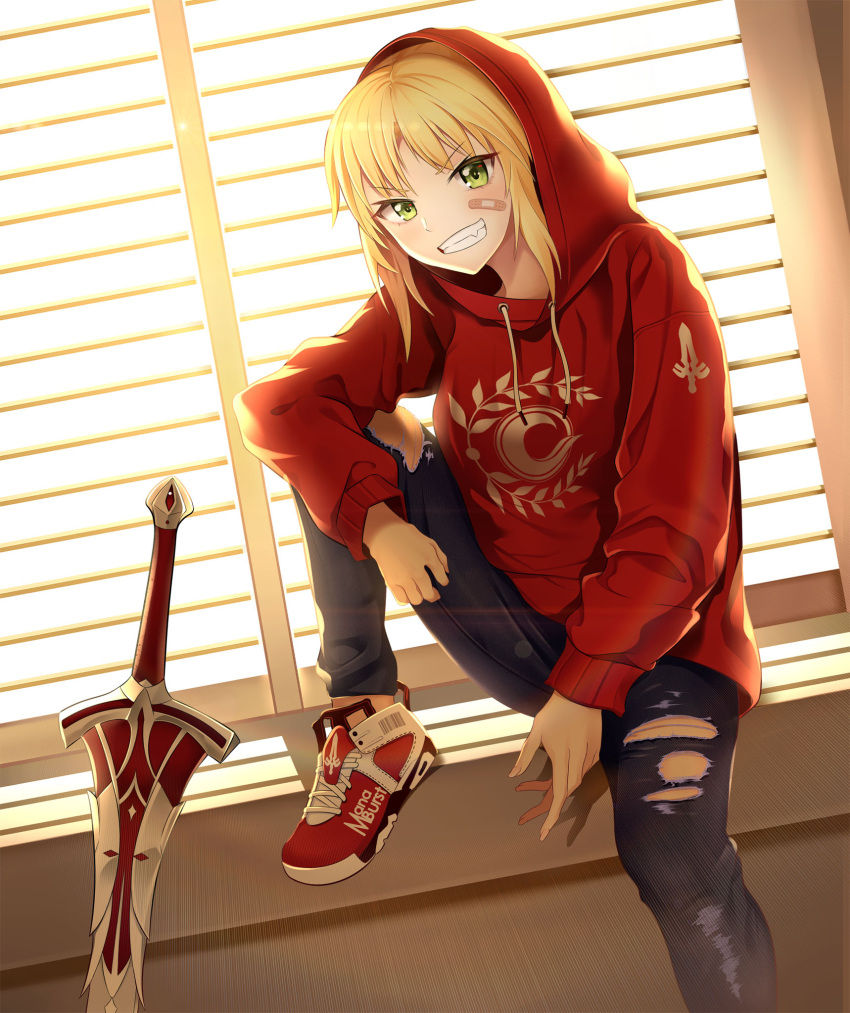 1girl bandaid bandaid_on_face blinds blonde_hair chaldea_logo clarent_(fate) closed_mouth contemporary fang fate/apocrypha fate_(series) green_eyes grin highres hood hood_up hoodie jacket knee_up long_hair long_sleeves mordred_(fate)_(all) pants shoes smile sneakers soda_smoothies solo sword torn_clothes torn_pants weapon window