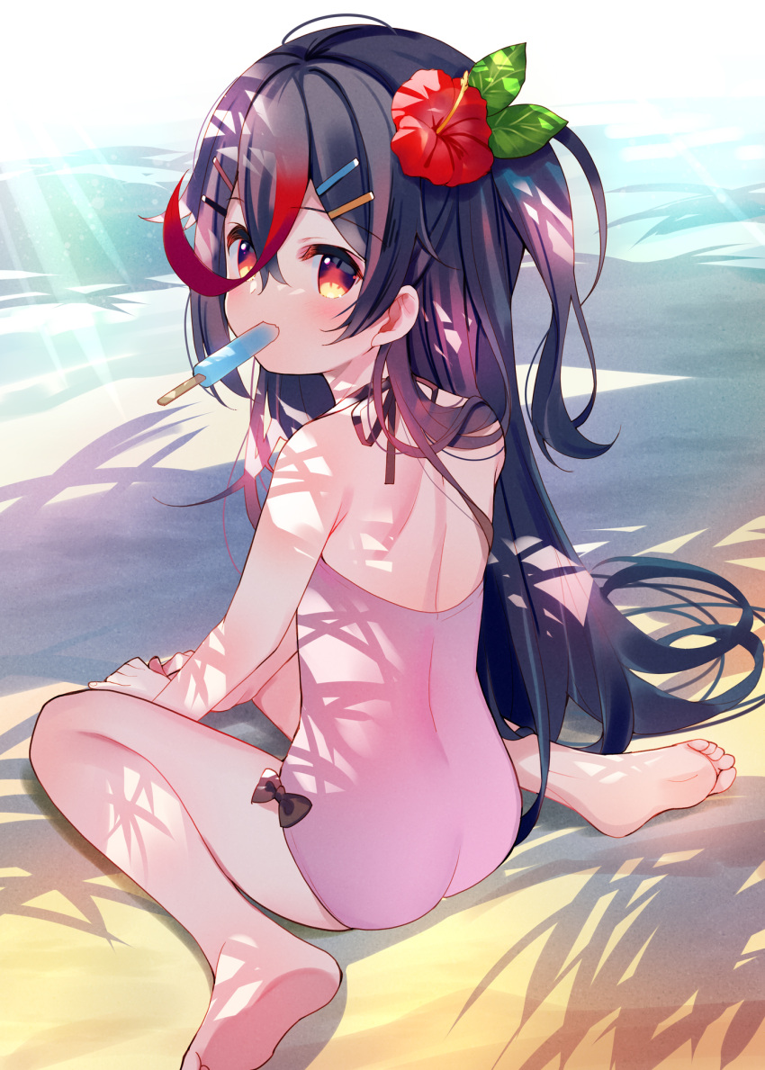 1girl ass bangs bare_arms bare_legs bare_shoulders barefoot beach black_hair casual_one-piece_swimsuit commentary_request day eyebrows_visible_through_hair feet flower food food_in_mouth from_behind grisaia_(series) grisaia_chronos_rebellion hair_between_eyes hair_flower hair_ornament hairclip highres koizumi_isuka long_hair looking_at_viewer looking_back meito_(maze) mouth_hold multicolored_hair on_ground one-piece_swimsuit one_side_up outdoors pink_swimsuit popsicle red_eyes red_flower redhead sand sitting soles solo streaked_hair swimsuit toes very_long_hair wariza