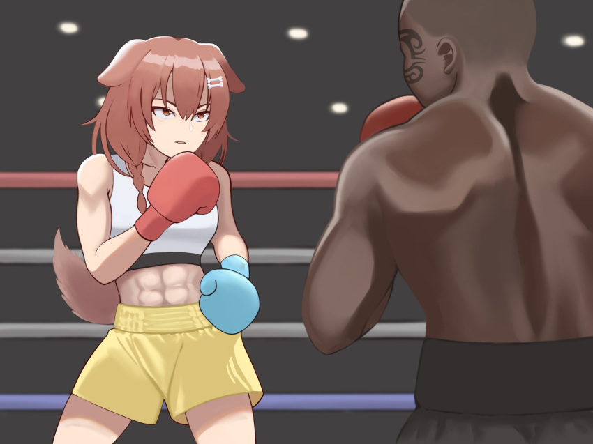 1boy 1girl abs animal_ears bald black_shorts bone_hair_ornament boxing boxing_gloves boxing_ring braid brown_eyes brown_hair cartoon_bone dark_skin dark_skinned_male dog_ears dog_girl dog_tail facial_tattoo fighting_stance hair_ornament hairclip highres hololive inugami_korone j.d._thunderhawk long_hair low_twin_braids midriff mike_tyson muscular muscular_female muscular_male shorts tail tank_top tattoo topless twin_braids twintails virtual_youtuber white_tank_top yellow_shorts