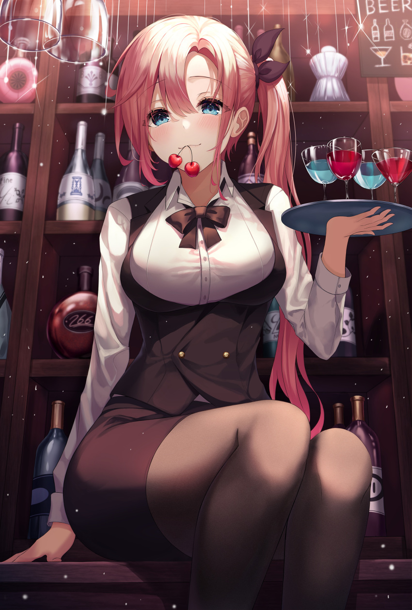 1girl :3 absurdres arm_at_side bangs bar black_bow black_legwear black_neckwear black_ribbon black_skirt black_vest blue_eyes blush bottle bow bowtie breasts cherry closed_mouth collared_shirt commentary_request cup drink drinking_glass feet_out_of_frame food fruit gongha hair_bow highres holding holding_tray indoors long_hair long_sleeves medium_breasts mouth_hold original pencil_skirt pink_hair ribbon shelf shirt side_ponytail sitting skirt smile solo tray very_long_hair vest white_shirt