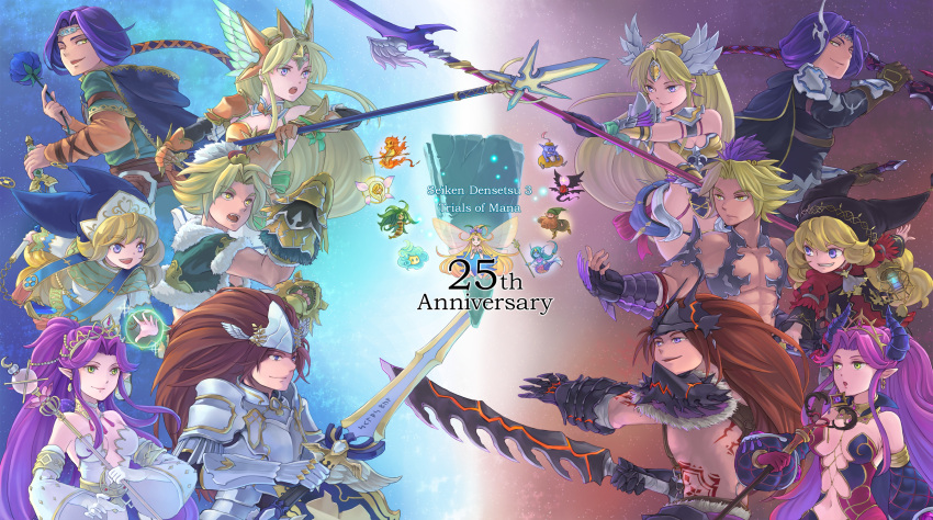3boys 3girls angela_(seiken_densetsu_3) angry anniversary armor belt blonde_hair blue_eyes bodypaint breastplate breasts brown_hair cape charlotte_(seiken_densetsu_3) child claw_(weapon) closed_mouth dagger dark_persona detached_collar detached_sleeves dress dryad_(seiken_densetsu) duran_(seiken_densetsu_3) earrings everyone faerie_(seiken_densetsu_3) fairy fairy_wings fang fire flail flower fur-trimmed_shirt fur_trim gauntlets gnome_(seiken_densetsu) green_eyes happy hat hawkeye_(seiken_densetsu_3) helmet highres hitodama holding holding_dagger holding_flower holding_polearm holding_staff holding_sword holding_weapon hood hood_down hooded_cape horns jester_cap jewelry jinn_(seiken_densetsu) kevin_(seiken_densetsu_3) lamp layered_clothing light_persona long_hair long_sleeves looking_at_another looking_back low_ponytail luna_(seiken_densetsu) magic medium_breasts mermaid mogg_magg monster_girl multiple_boys multiple_girls muscular muscular_male one_eye_closed open_mouth pointy_ears polearm ponytail puffy_sleeves purple_hair riesz salamander_(seiken_densetsu) seiken_densetsu seiken_densetsu_3 shade_(seiken_densetsu) shield shirt shirtless short_hair smile staff sword tan tiara undine_(seiken_densetsu) visor_(armor) weapon will-o'-wisp_(seiken_densetsu) winged_helmet wings yellow_eyes
