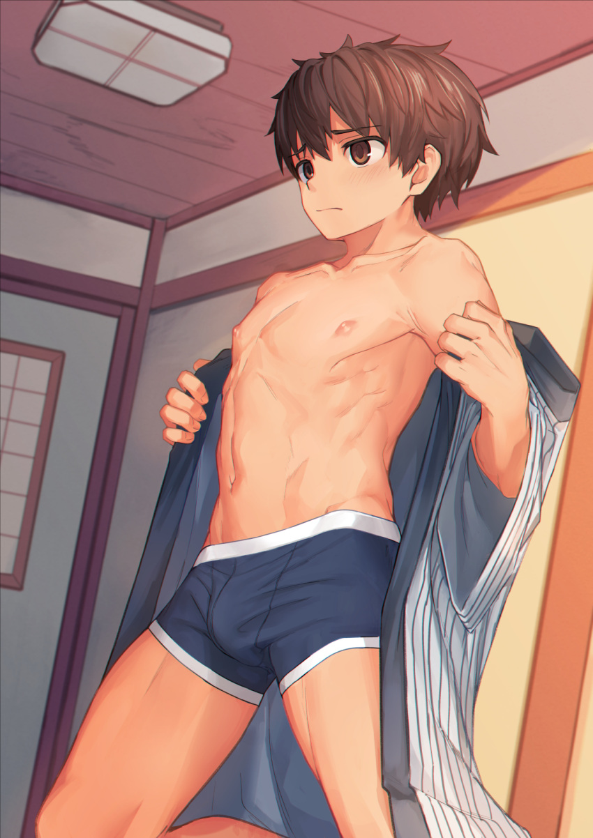 1boy :/ bangs bare_pecs bare_shoulders blush boxer_briefs brown_eyes brown_hair bulge collarbone hands_up highres indoors japanese_clothes kimono kneeling male_focus male_underwear navel nipples off_shoulder open_clothes open_kimono original pectorals r-744 short_hair solo striped striped_kimono underwear undressing vertical_stripes wide_sleeves yukata