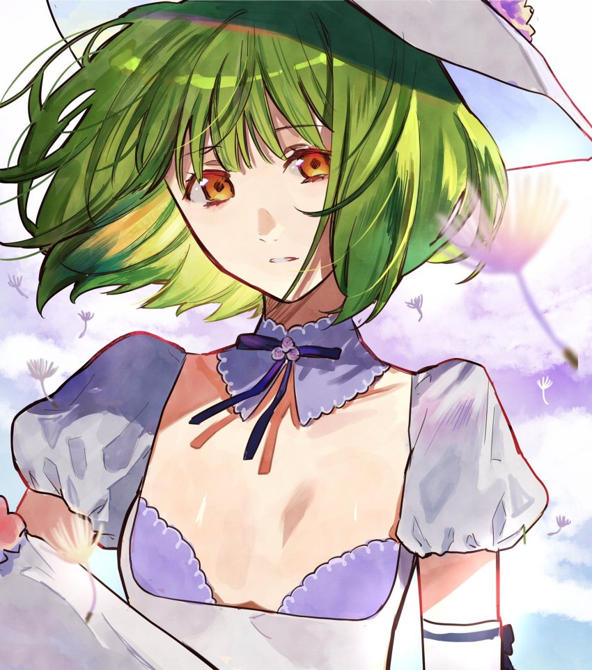 1girl alternate_costume bangs breasts brown_eyes dandelion_seed detached_collar eyebrows_visible_through_hair floating_hair green_hair hat highres juliet_sleeves long_sleeves looking_at_viewer low_neckline macross macross_frontier parted_lips pote-mm puffy_sleeves ranka_lee small_breasts solo sun_hat