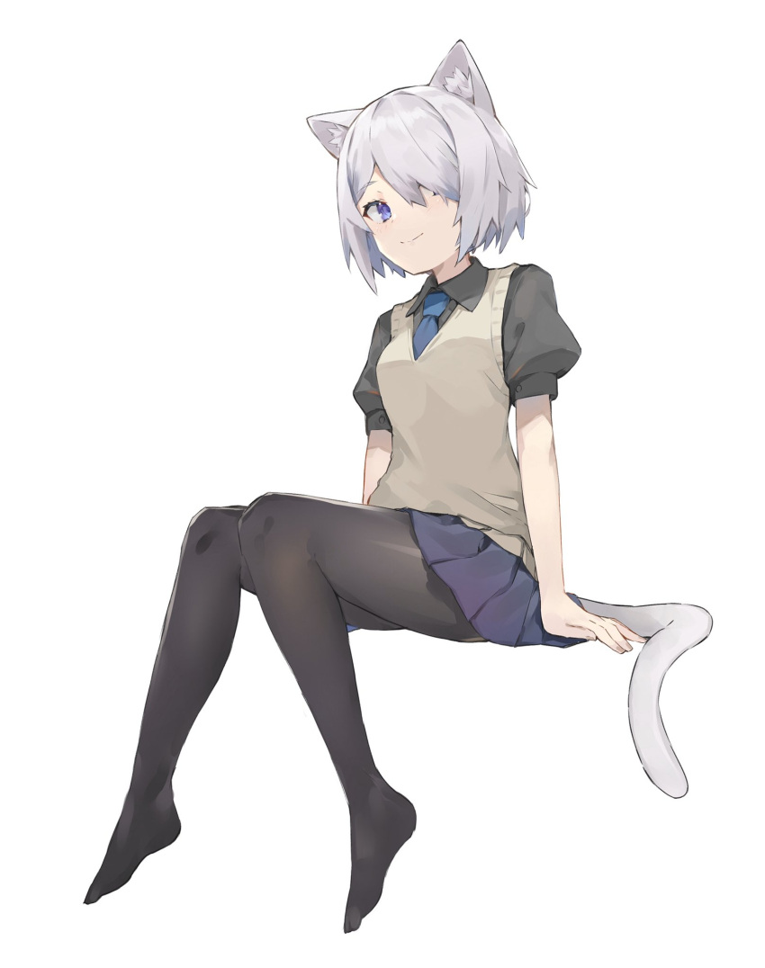 1girl animal_ears black_legwear blue_eyes blue_neckwear blue_skirt cardigan_vest cat_ears cat_girl cat_tail hair_over_one_eye highres looking_at_viewer necktie no_shoes original pantyhose pleated_skirt ryou_(ponpgo) short_hair silver_hair simple_background sitting skirt smile solo tail white_background