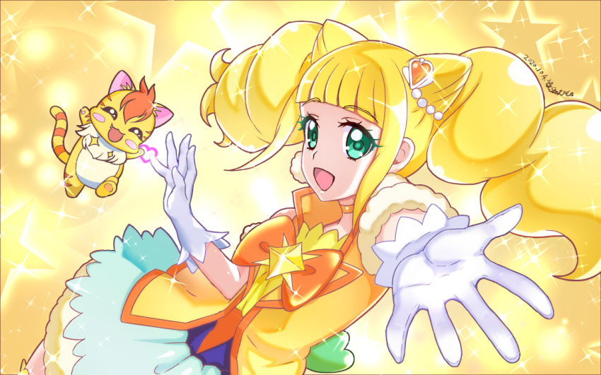 1girl :d aqua_skirt blonde_hair bow brooch cat choker cure_sparkle dated double_bun earrings gloves green_eyes hair_cones hair_ornament healin'_good_precure heart heart_hair_ornament hiramitsu_hinata jewelry looking_at_viewer magical_girl nyatoran_(precure) open_mouth orange_bow orange_neckwear outstretched_hand pom_pom_(clothes) pom_pom_earrings precure short_hair signature skirt smile starry_background teketeke twintails upper_body vest white_gloves yellow_background yellow_theme yellow_vest