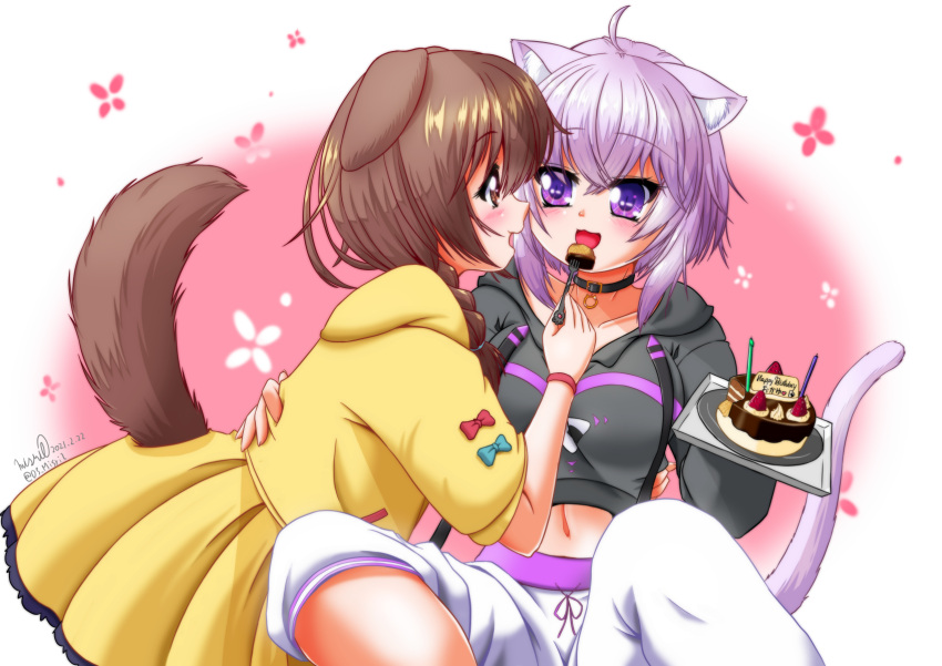 2girls ahoge animal_ear_fluff animal_ears birthday_cake black_choker black_hoodie braid brown_eyes brown_hair cake candle cat_ears cat_girl cat_tail choker commentary_request dated dog_ears dog_girl dog_tail eye_contact eyebrows_visible_through_hair feeding floral_background food fork fruit hair_between_eyes hand_on_another's_back happy_birthday highres holding holding_fork holding_plate hololive hood hood_down hoodie inugami_korone jacket kneeling looking_at_another midriff misril multiple_girls nekomata_okayu pants partial_commentary pink_background plate purple_hair short_hair signature single_braid sitting skirt slit_pupils strawberry suspenders tail track_pants twitter_username two-tone_background violet_eyes virtual_youtuber white_background white_pants wristband yellow_jacket yellow_skirt yuri