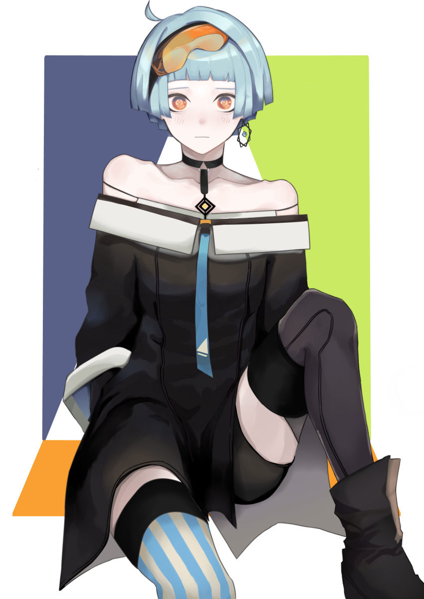 1girl absurdres alternate_costume arms_behind_back bare_shoulders black_legwear blue_hair blush boots breasts closed_mouth collarbone eyewear_on_head girls_frontline highres jewelry knee_up looking_at_viewer orange_eyes saiun_sigma short_hair simple_background single_earring sitting sitting_on_floor small_breasts solo striped striped_legwear thigh-highs zas_m21_(girls_frontline)