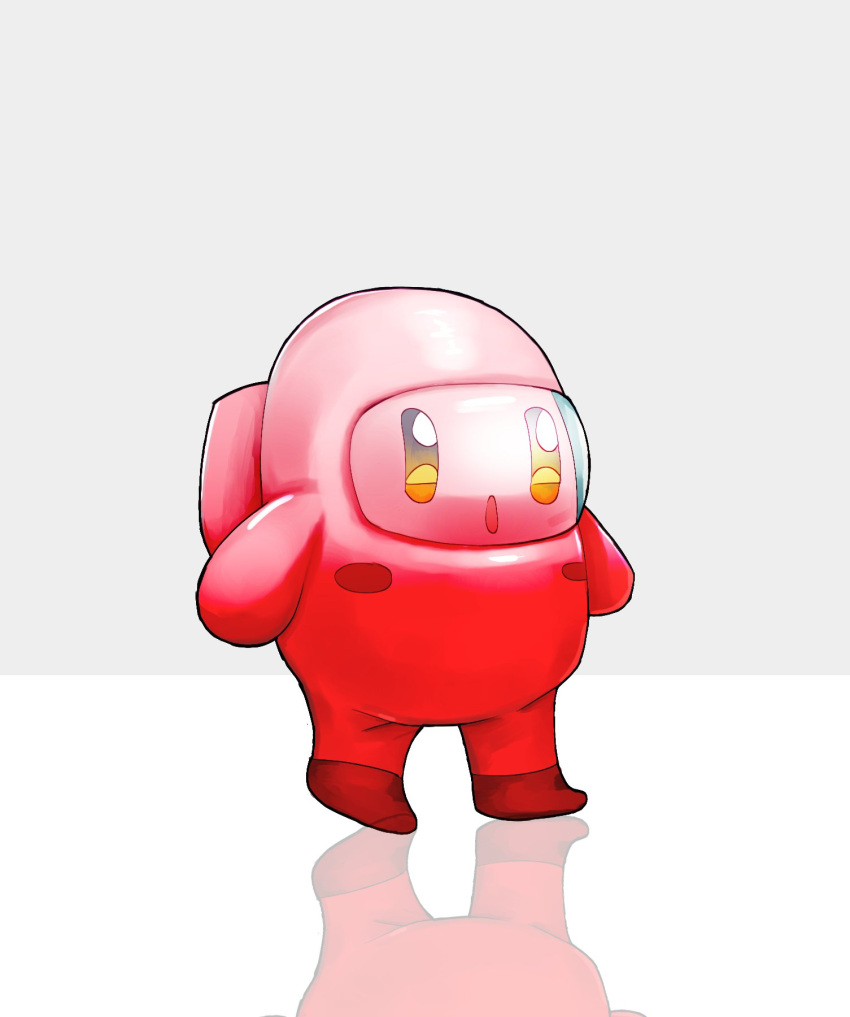 1boy :o among_us black_eyes cosplay crewmate_(among_us) crewmate_(among_us)_(cosplay) crossover english_commentary highres kirby kirby_(series) looking_ahead no_humans open_mouth solo standing stormyorha visor