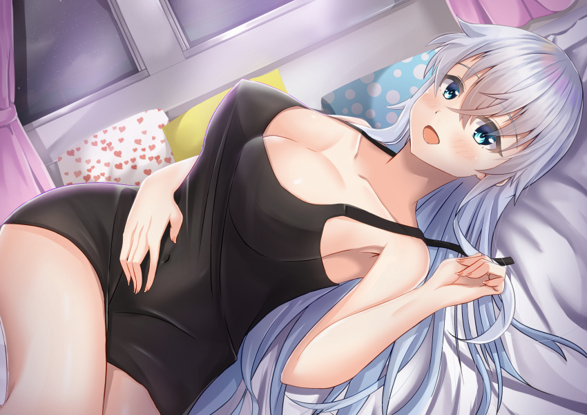 1girl absurdres aqua_eyes bed bed_sheet black_undershirt blonde_hair blush breasts grey_hair heart highres large_breasts looking_at_viewer lying moe2021 navel on_back open_mouth original pillow shirt shirt_pull short_hair smile solo thighs tyamiy1017 underwear white_hair window