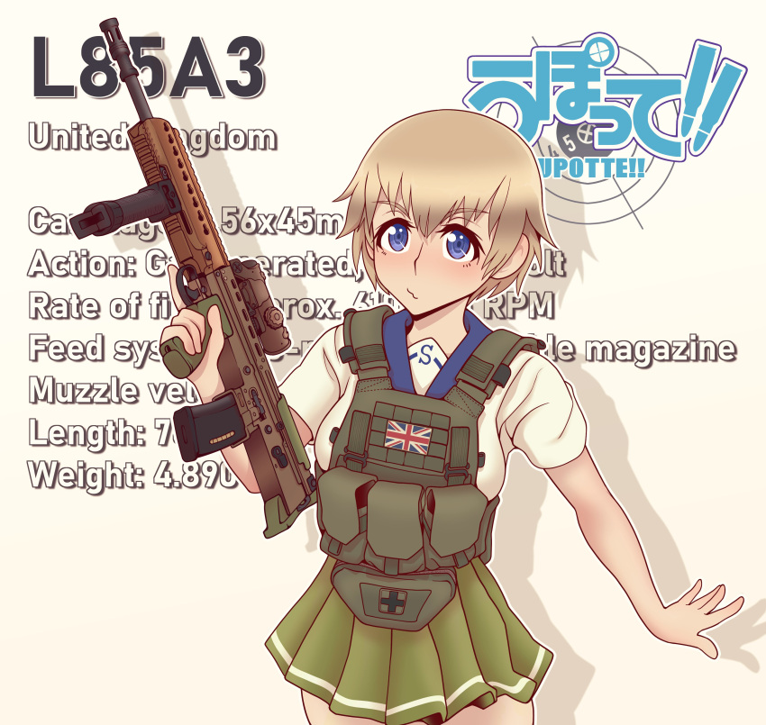 1girl absurdres assault_rifle blonde_hair blue_eyes blush bullpup character_name chest_rig copyright_name cowboy_shot gun hair_between_eyes highres l85 l85a1_(upotte!!) rifle school_uniform serafuku short_hair solo upotte!! weapon willy_pete