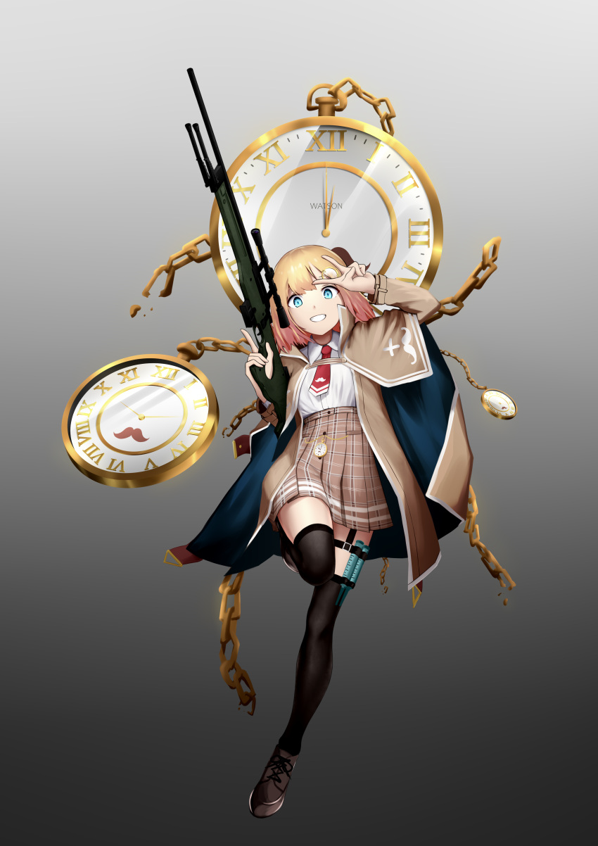 1girl :d absurdres ai_arctic_warfare arms_up bangs black_legwear blonde_hair blue_eyes bolt_action brown_cape brown_footwear brown_jacket brown_skirt cape chain character_name checkered checkered_skirt clenched_teeth commentary commission contrapposto detective english_commentary full_body gold_chain gradient gradient_background grey_background gun hair_ornament hands_up highres holding holding_weapon hololive hololive_english holster jacket kofucchi leg_up long_sleeves monocle_hair_ornament mustache_print necktie open_clothes open_jacket open_mouth pleated_skirt pocket_watch red_neckwear rifle shirt shoes short_hair simple_background skirt smile sniper_rifle standing standing_on_one_leg syringe teeth thigh-highs thigh_holster trigger_discipline v virtual_youtuber watch watson_amelia weapon white_shirt wing_collar