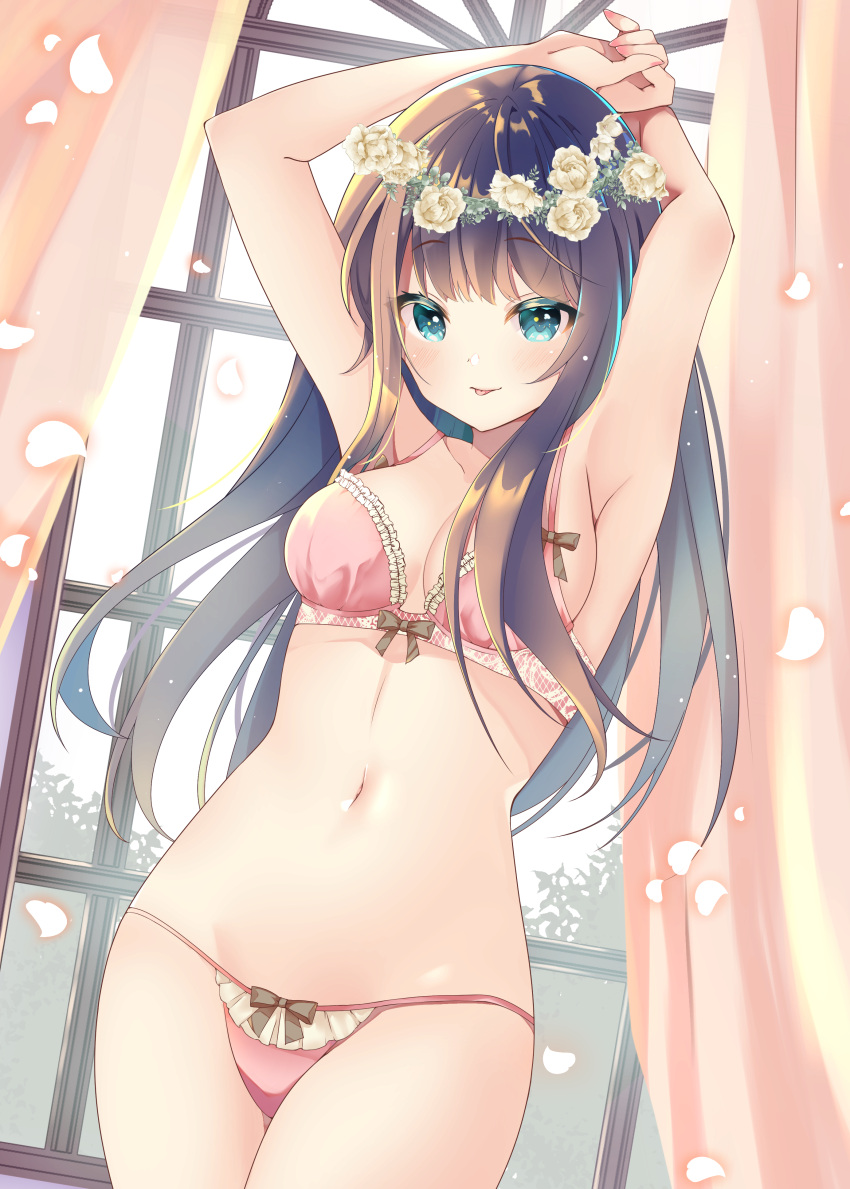 1girl absurdres armpits arms_behind_head arms_up bare_arms bare_shoulders black_hair blue_eyes bra breasts closed_mouth cowboy_shot groin has_bad_revision has_downscaled_revision head_wreath highres indoors long_hair looking_at_viewer md5_mismatch medium_breasts mila_natsume navel original panties pink_bra pink_panties resolution_mismatch smile solo source_smaller stomach string_bra string_panties thighs tongue tongue_out underwear underwear_only