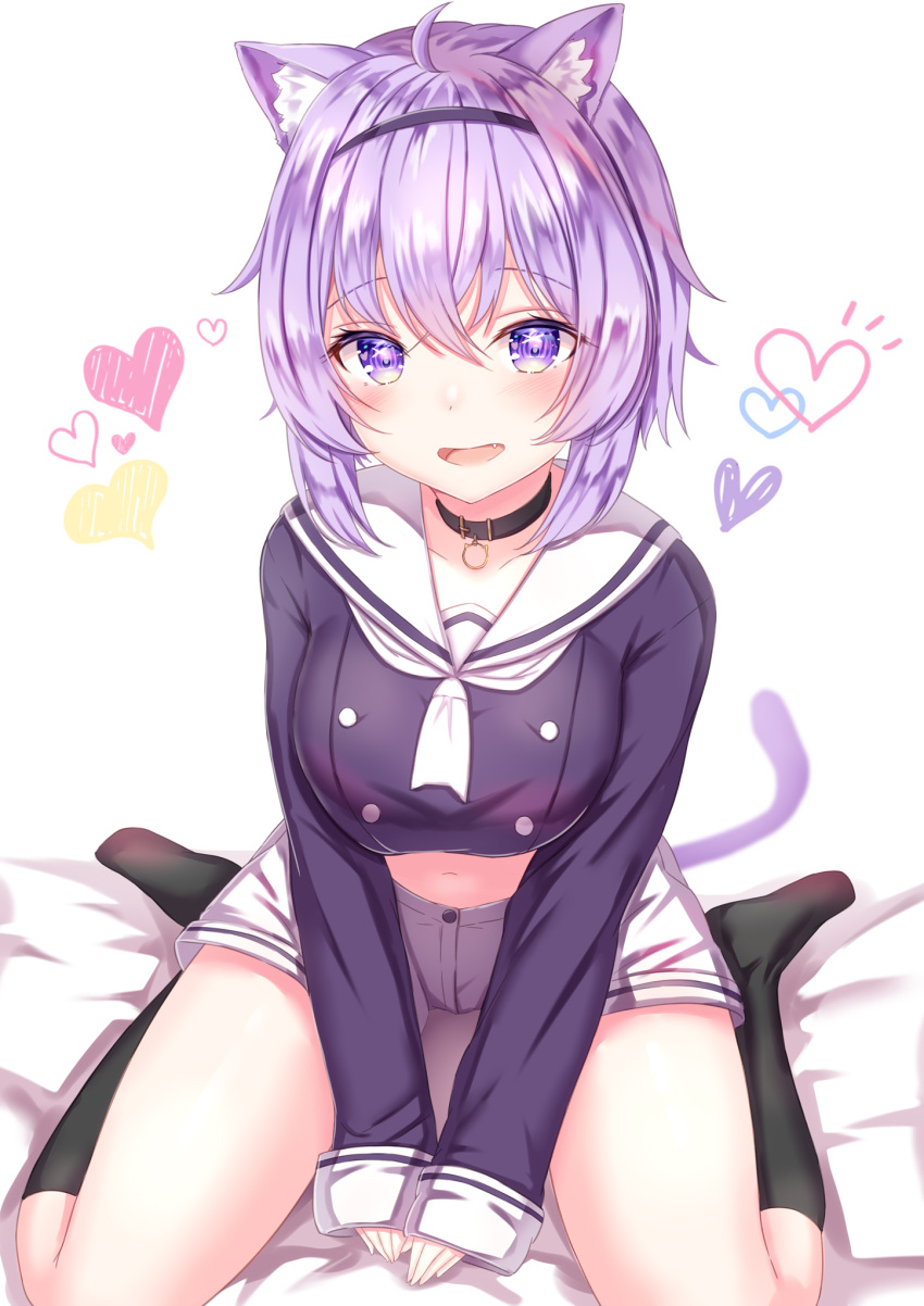 1girl :d ahoge animal_ears between_legs birthday black_choker black_legwear breasts cat_day cat_ears cat_girl cat_tail choker crop_top fang hairband heart highres hololive large_breasts long_sleeves looking_at_viewer midriff navel nekomata_okayu open_mouth purple_hair purple_shirt sailor_collar shirt short_hair short_shorts shorts sitting smile socks solo tail thighs violet_eyes virtual_youtuber wariza white_shorts yuano