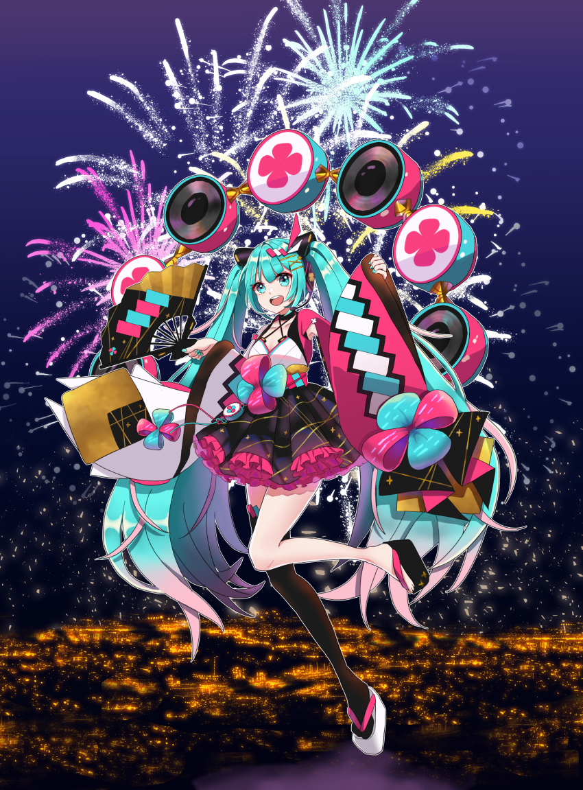 1girl :d absurdres aerial_fireworks aqua_eyes aqua_hair eyebrows_visible_through_hair fan fireworks folding_fan gradient_hair hair_ornament hairclip hatsune_miku highres holding holding_fan huge_filesize long_hair long_sleeves macha_3939 magical_mirai_(vocaloid) mismatched_footwear multicolored_hair night night_sky open_mouth outdoors pink_hair platform_footwear pleated_skirt single_thighhigh skirt sky sleeves_past_wrists smile solo thigh-highs twintails very_long_hair vocaloid white_footwear wide_sleeves x_hair_ornament