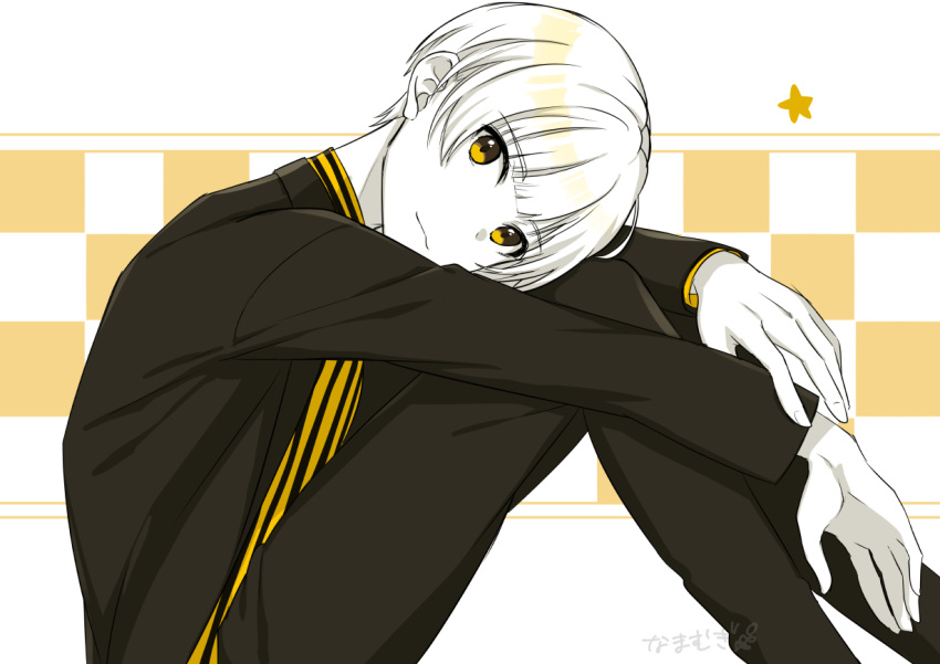 1boy argonavis_from_bang_dream! bangs black_jacket black_pants brown_eyes character_request checkered checkered_background closed_mouth eyebrows_visible_through_hair feet_out_of_frame jacket knees_up leaning_forward long_sleeves looking_at_viewer looking_to_the_side male_focus monochrome mugi_(iccomae) pants sitting solo star_(symbol) striped
