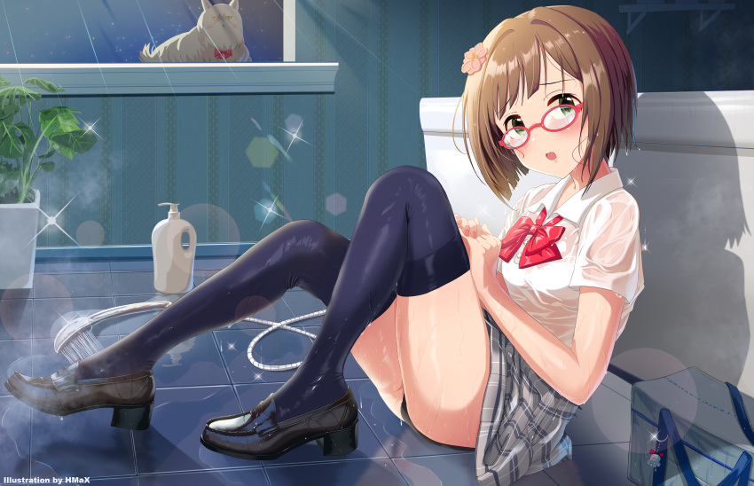 1girl absurdres ass bag bangs bathroom bathtub black_footwear black_legwear black_panties blunt_bangs bra bra_through_clothes brown_hair cat commentary_request eyebrows_visible_through_hair fang flower glasses green_eyes grey_skirt hair_flower hair_ornament highres hmax huge_filesize idolmaster idolmaster_cinderella_girls idolmaster_cinderella_girls_starlight_stage leaf loafers looking_at_viewer maekawa_miku night open_mouth panties panty_peek plaid plaid_skirt plant pleated_skirt potted_plant red-framed_eyewear red_neckwear school_bag see-through shirt shoes short_sleeves shower_head sitting sitting_on_floor skirt solo thigh-highs thighs underwear watermark wet wet_clothes white_bra white_shirt