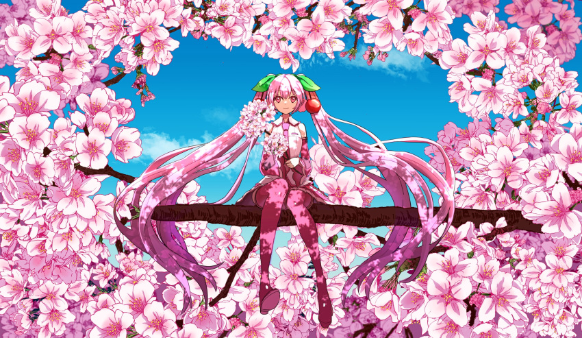 1girl bare_shoulders blue_sky boots branch cherry cherry_blossoms cherry_hair_ornament commentary dappled_sunlight day detached_sleeves floral_background flower food food_themed_hair_ornament fruit hair_ornament hatsune_miku heart highres holding holding_branch in_tree leaf light_smile long_hair looking_at_viewer macha_3939 miniskirt necktie outdoors pink_eyes pink_flower pink_hair pink_legwear pink_neckwear pink_skirt pink_sleeves pink_theme pleated_skirt sakura_miku shirt sitting sitting_in_tree sitting_on_branch skirt sky sleeveless sleeveless_shirt solo sunlight thigh-highs thigh_boots tree twintails very_long_hair vocaloid white_shirt wide_shot