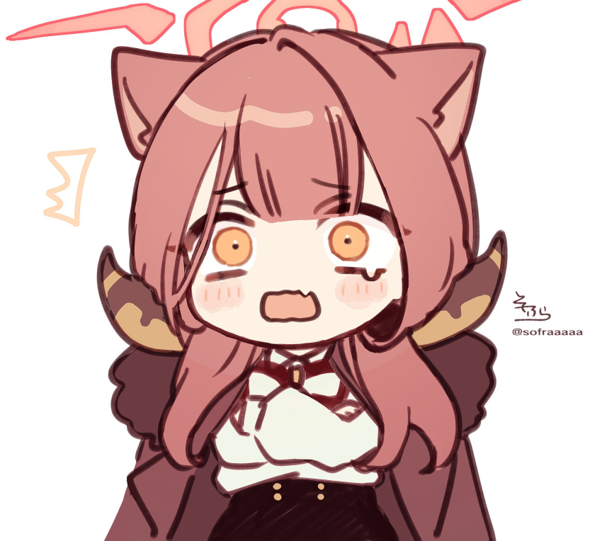 1girl ^^^ absurdres animal_ear_fluff animal_ears aru_(blue_archive) black_skirt blue_archive blush_stickers brown_eyes brown_hair brown_jacket cat_day cat_ears chibi crossed_arms curled_horns fang fur-trimmed_jacket fur_trim halo high-waist_skirt highres horns jacket jacket_on_shoulders kemonomimi_mode long_hair long_sleeves open_mouth puffy_long_sleeves puffy_sleeves shirt signature simple_background skirt sofra solo teardrop twitter_username wavy_mouth white_background white_shirt