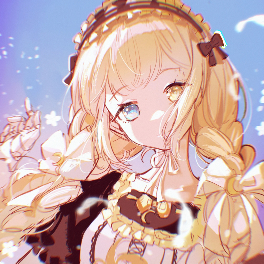 1girl artist_request bangs blue_background blue_eyes bow braid chinese_commentary crescent crescent_hair_ornament doll_joints hair_bow hair_ornament hairband head_tilt heterochromia joints lolita_hairband long_neck maesond open_hand solo tomo_(maesond) twin_braids upper_body virtual_youtuber white_bow yellow_bow yellow_eyes