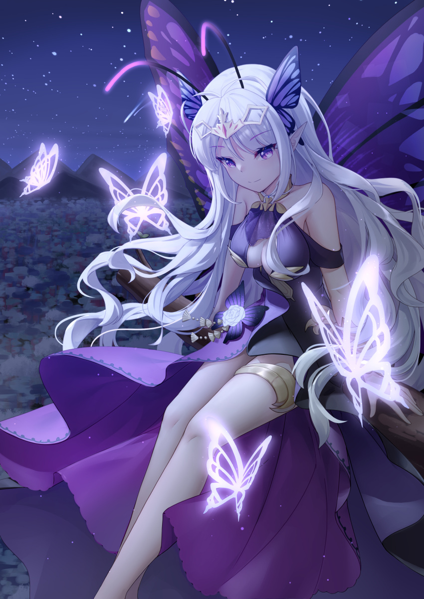 1girl absurdres bangs bare_legs bare_shoulders breast_cutout breasts bug butterfly butterfly_wings clover_theater dress eyebrows_visible_through_hair hair_ornament highres insect long_hair looking_at_viewer monster_girl pointy_ears purple_dress qianze_chia sitting smile violet_eyes white_hair wings
