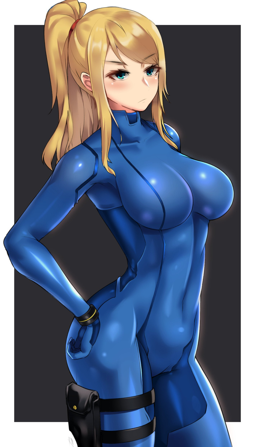 1girl absurdres bangs black_background blonde_hair blue_bodysuit blue_eyes bodysuit border breasts closed_mouth clyde_s commentary covered_navel cowboy_shot english_commentary frown hair_tie hand_on_hip highres holster large_breasts long_hair metroid outside_border ponytail samus_aran sidelocks solo standing swept_bangs thigh_holster thighs white_border zero_suit