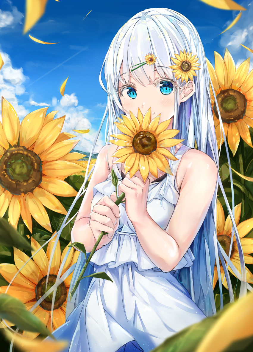 1girl absurdres bangs blue_eyes blue_sky blurry blurry_foreground blush clouds day depth_of_field dress eyebrows_visible_through_hair field flower flower_field hair_flower hair_ornament highres holding holding_flower long_hair na_kyo original outdoors petals silver_hair sky sleeveless sleeveless_dress smile solo sundress sunflower sunflower_hair_ornament very_long_hair white_dress yellow_flower