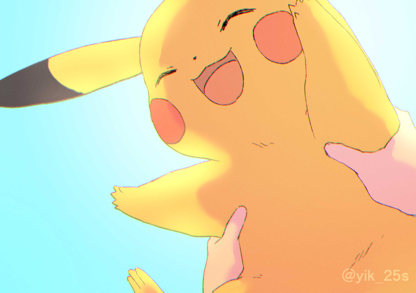artist_name blue_background closed_eyes commentary creature gen_1_pokemon highres holding holding_pokemon open_mouth pikachu pokemon pokemon_(creature) smile tongue twitter_username watermark yik_25s |d
