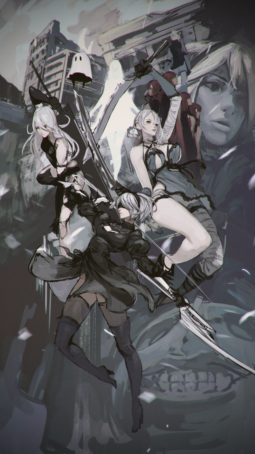 1other 2boys 6+girls absurdres bandaged_arm bandaged_leg bandages bangs black_dress blonde_hair blue_dress blunt_bangs breasts character_request cleavage_cutout clothing_cutout devola dress elbow_gloves emil_(nier) gloves grey_hair hair_rings highres holding holding_sword holding_weapon kaine_(nier) long_hair looking_down looking_up mama_(nier) medium_breasts multiple_boys multiple_girls nier_(series) nier_(young) nier_automata nier_reincarnation popola redhead sonech sword weapon white_girl yorha_no._2_type_b yorha_type_a_no._2