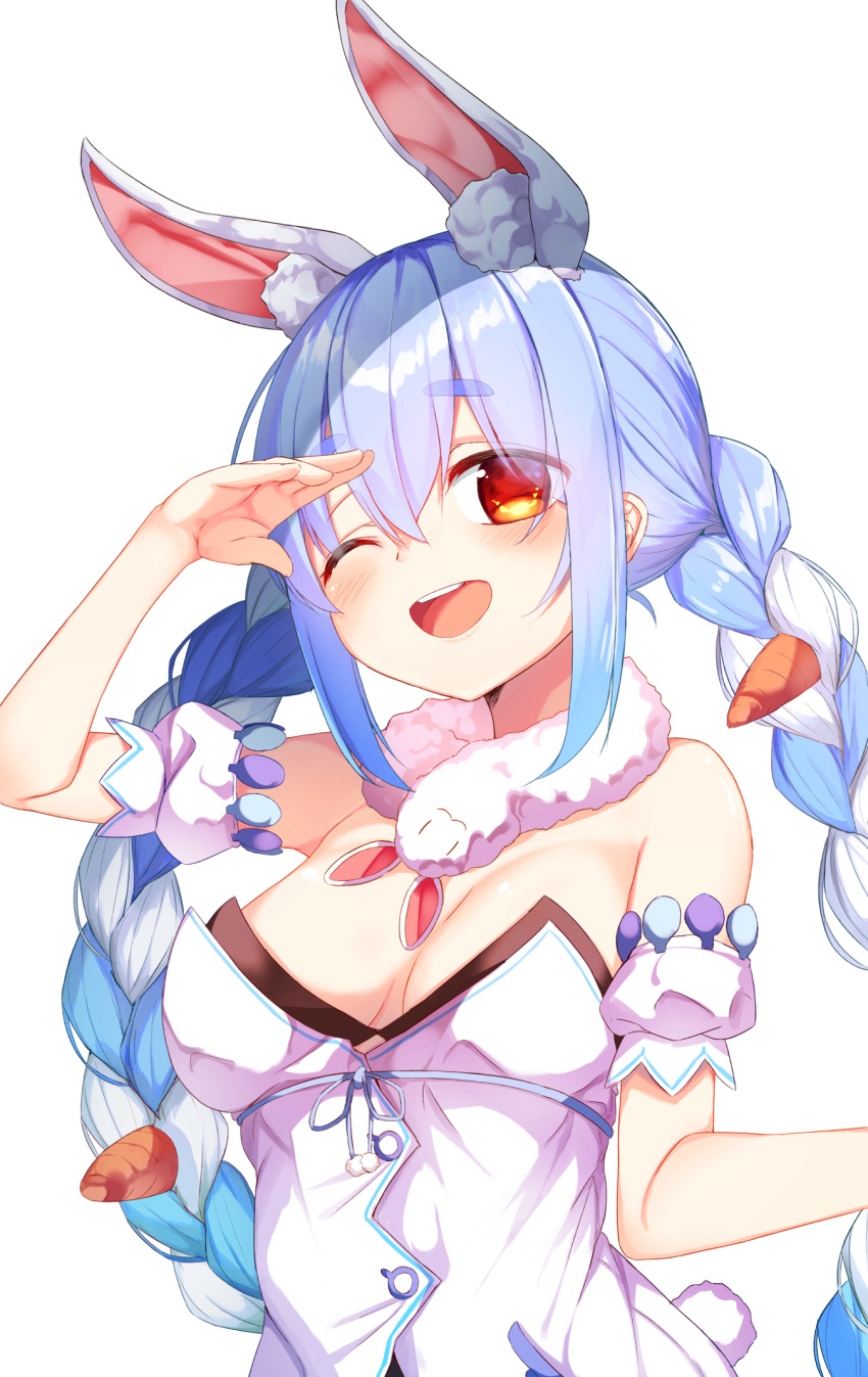 1girl 1other animal_ears arm_cuffs bangs bare_shoulders blue_hair blush braid breasts bunny_tail carrot don-chan_(usada_pekora) dress eyebrows_visible_through_hair fur green_eyes hair_between_eyes hand_on_forehead hand_up highres hololive long_hair looking_at_viewer medium_breasts multicolored_hair open_mouth rabbit_ears sash sidelocks siro7748 sleeveless sleeveless_dress smile standing tail tongue twin_braids upper_body upper_teeth usada_pekora virtual_youtuber white_background white_dress