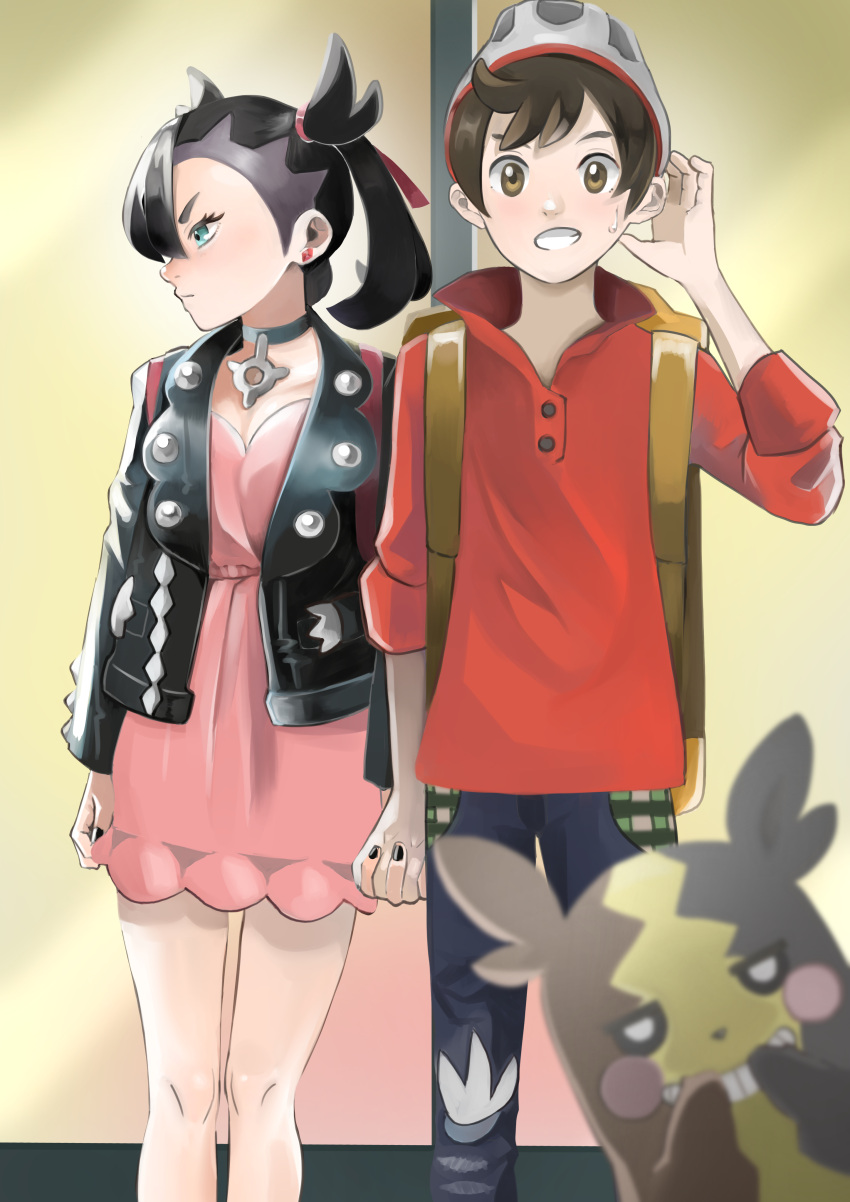 1boy 1girl absurdres asymmetrical_bangs bangs black_choker black_hair black_jacket black_nails blurry blurry_foreground blush breasts brown_hair choker collarbone commentary_request dress earrings feet_out_of_frame gen_8_pokemon grin hair_ribbon hand_up hands_over_own_mouth hat highres jacket jewelry jitome_no_tsugumi long_sleeves looking_at_viewer looking_away looking_to_the_side marnie_(pokemon) medium_hair morpeko pants pink_dress pokemon pokemon_(creature) pokemon_(game) pokemon_swsh red_ribbon red_shirt ribbon shirt short_hair smile standing sweatdrop twintails victor_(pokemon)