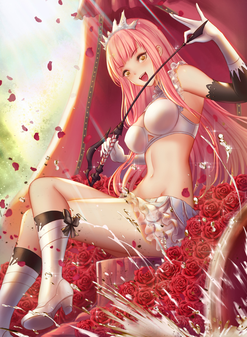 1girl boots bow breasts bustier chariot chococuco crossed_legs elbow_gloves fate/grand_order fate_(series) flower frilled_skirt frilled_sleeves frills gloves happy high_heel_boots high_heels highres holding holding_whip long_hair medb_(fate) medb_(fate)_(all) medium_breasts miniskirt open_mouth petals pink_hair revealing_clothes riding_crop rose rose_petals sitting skirt solo splashing tiara water water_drop whip white_gloves white_skirt yellow_eyes