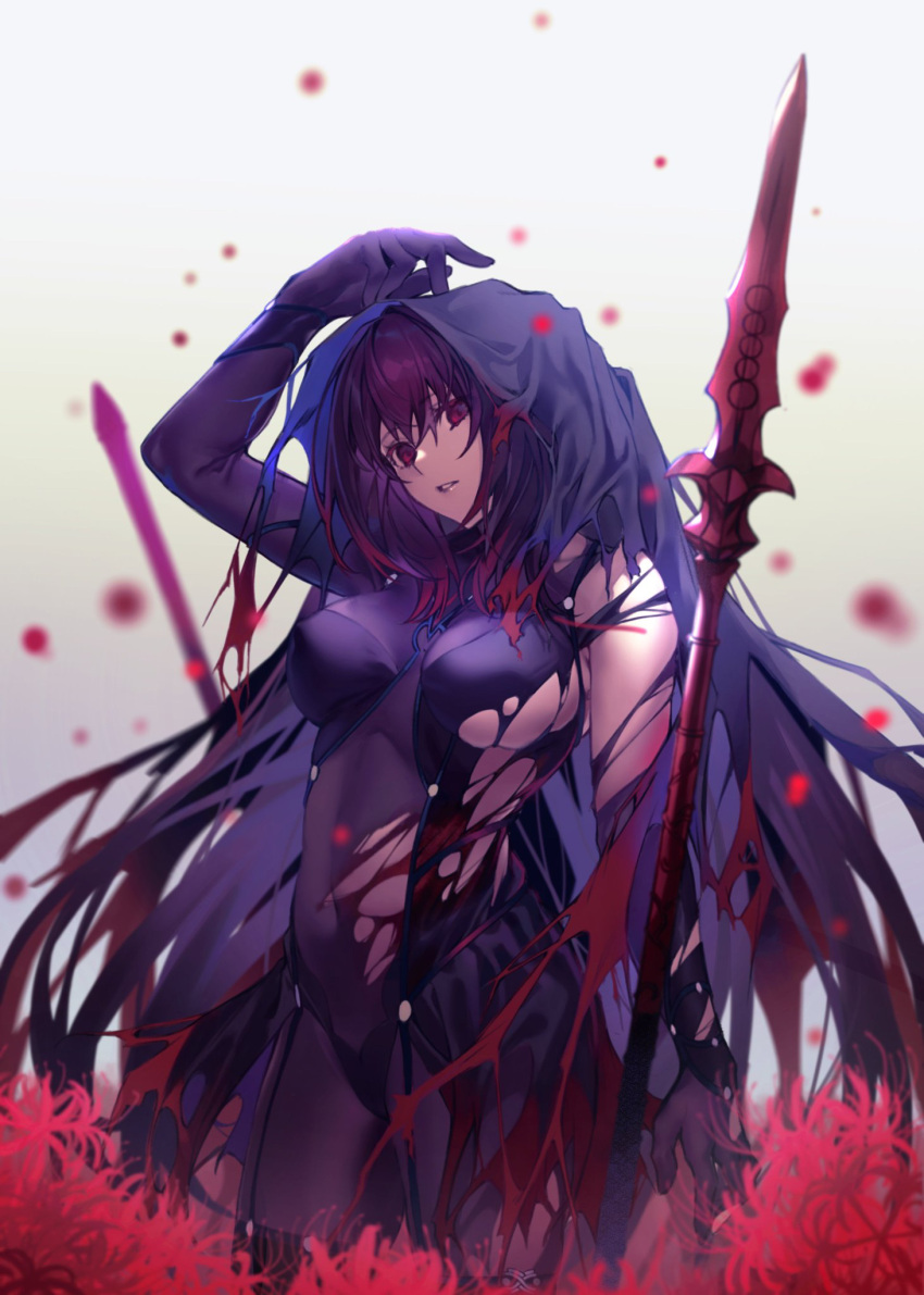 breasts fate/grand_order fate_(series) flower gae_bolg_(fate) highres hiro_(hirohiro_gorira) hood looking_at_viewer red_eyes redhead scathach_(fate) scathach_(fate)_(all) spider_lily torn_clothes