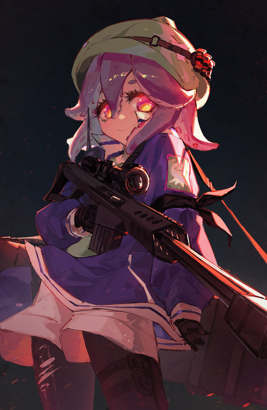 1girl black_gloves chroneco_(vtuber) english_commentary gloves glowing glowing_eyes green_headwear gun hat highres holding holding_gun holding_weapon indie_virtual_youtuber jin_grey_paladin leggings looking_down purple_hair red_eyes scope shorts smile solo tentacle_hair tentacles virtual_youtuber weapon white_shorts