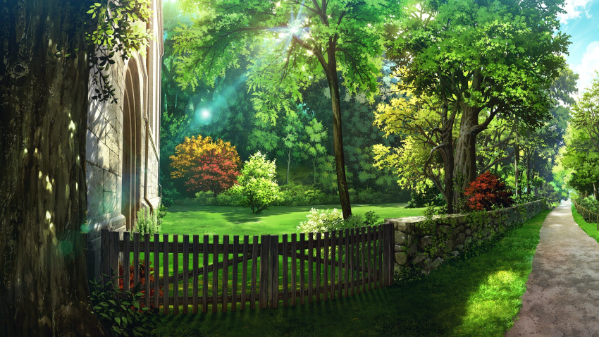 artist_request bush clouds english_commentary existence fence game_cg grass highres light_rays no_humans outdoors path scenery second-party_source sky sunbeam sunlight tree