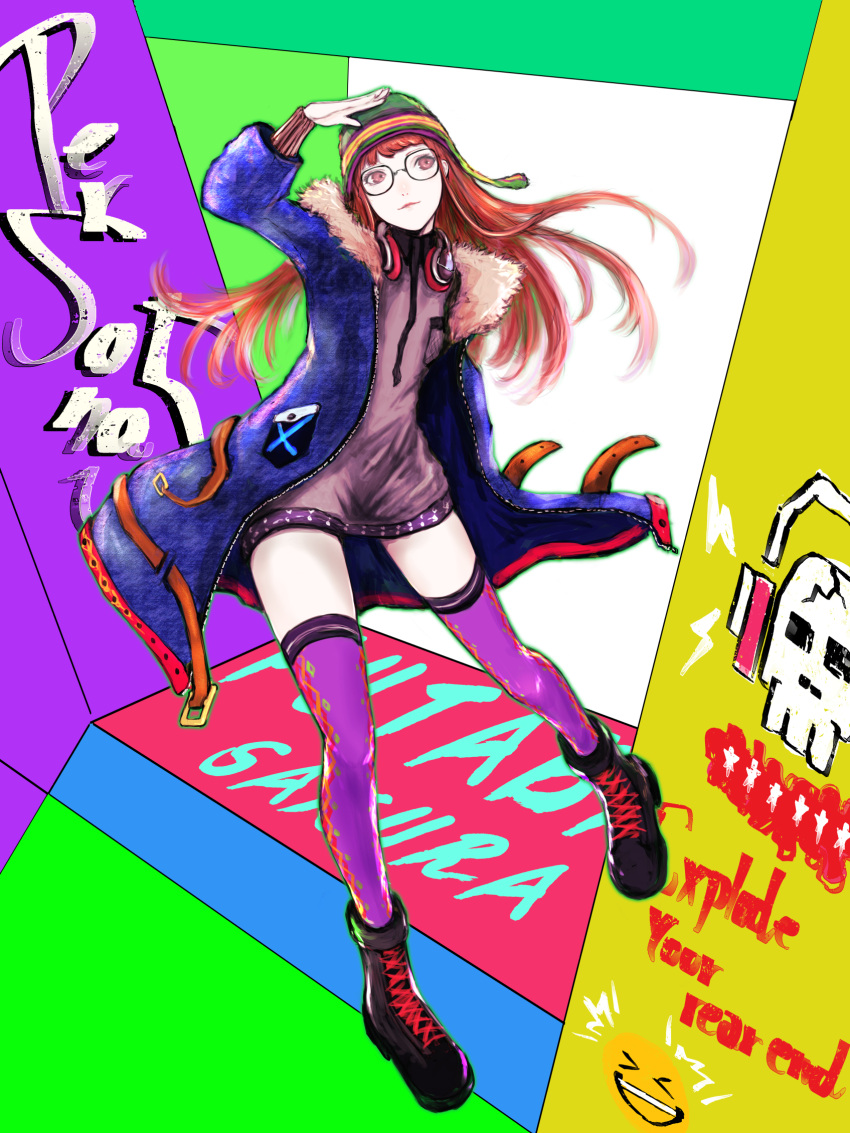 1girl abstract_background beanie boots character_name coat emoji english_text fur_collar glasses hat headphones headphones_around_neck highres long_hair orange_hair persona persona_5 purple_legwear sakura_futaba skull solo thigh-highs yuu_(primenumber7)