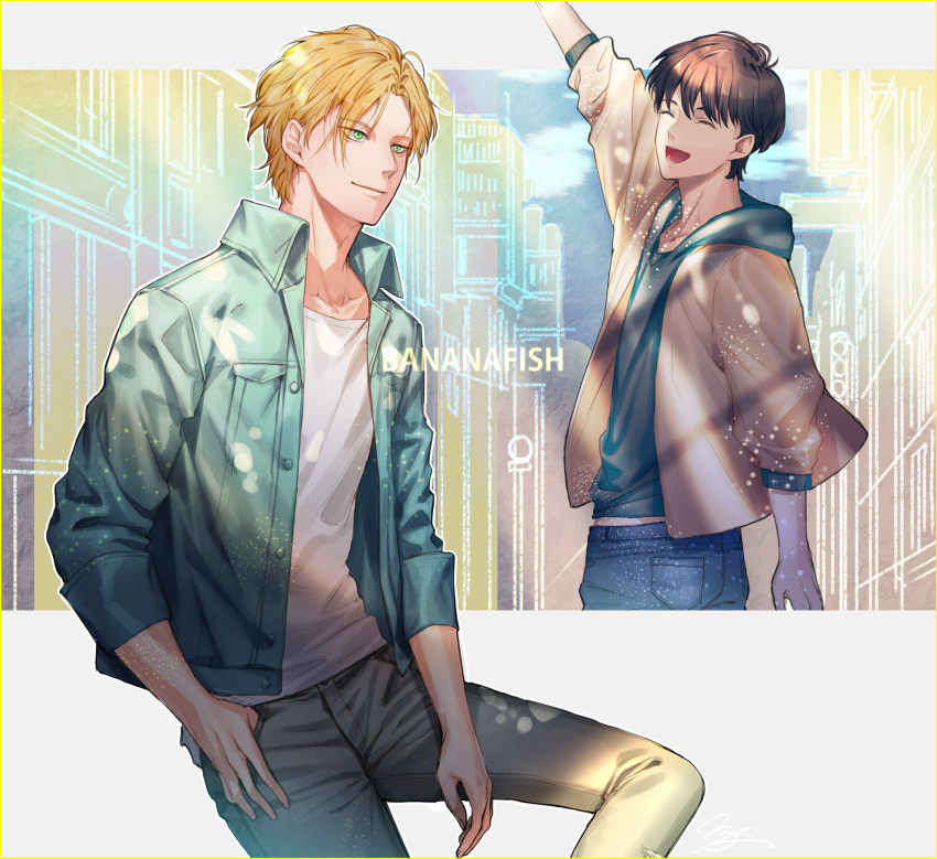 2boys :d ^_^ arm_at_side ash_lynx banana_fish bangs black_hair blonde_hair blue_hoodie blue_pants brown_jacket building buttons closed_eyes closed_mouth clouds collarbone commentary copyright_name denim eyebrows_visible_through_hair green_eyes green_jacket grey_pants hair_between_eyes happy highres hood hood_down hoodie invisible_chair jacket jeans looking_to_the_side m/g male_focus multiple_boys okumura_eiji open_clothes open_jacket open_mouth outdoors pants shirt short_hair short_sleeves signature sitting sky smile standing teeth white_shirt