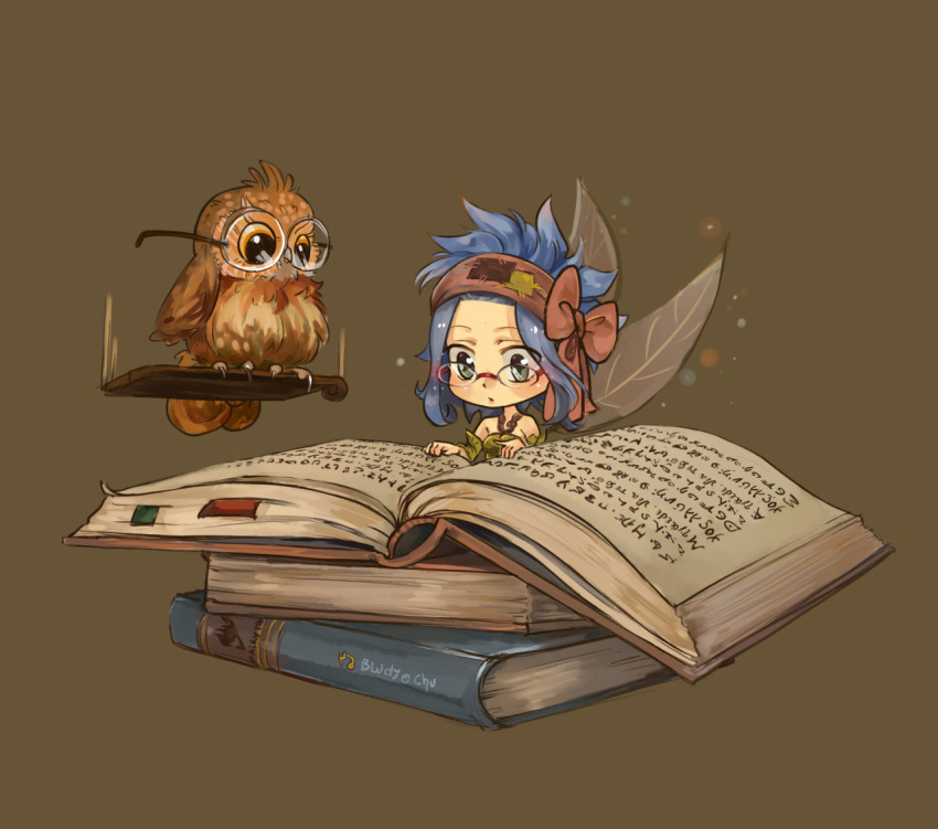1girl artist_name bare_shoulders bird bludy-chu blue_hair book bow breasts brown_background chibi english_commentary fairy fairy_tail fairy_wings glasses hairband levy_mcgarden open_book owl reading simple_background solo watermark wings