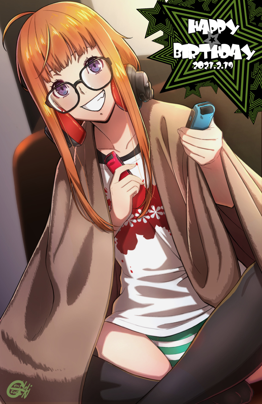 1girl gentle_sasaki glasses grin happy_birthday headphones highres joy-con looking_at_viewer orange_hair persona persona_5 sakura_futaba shirt signature smile solo violet_eyes white_shirt