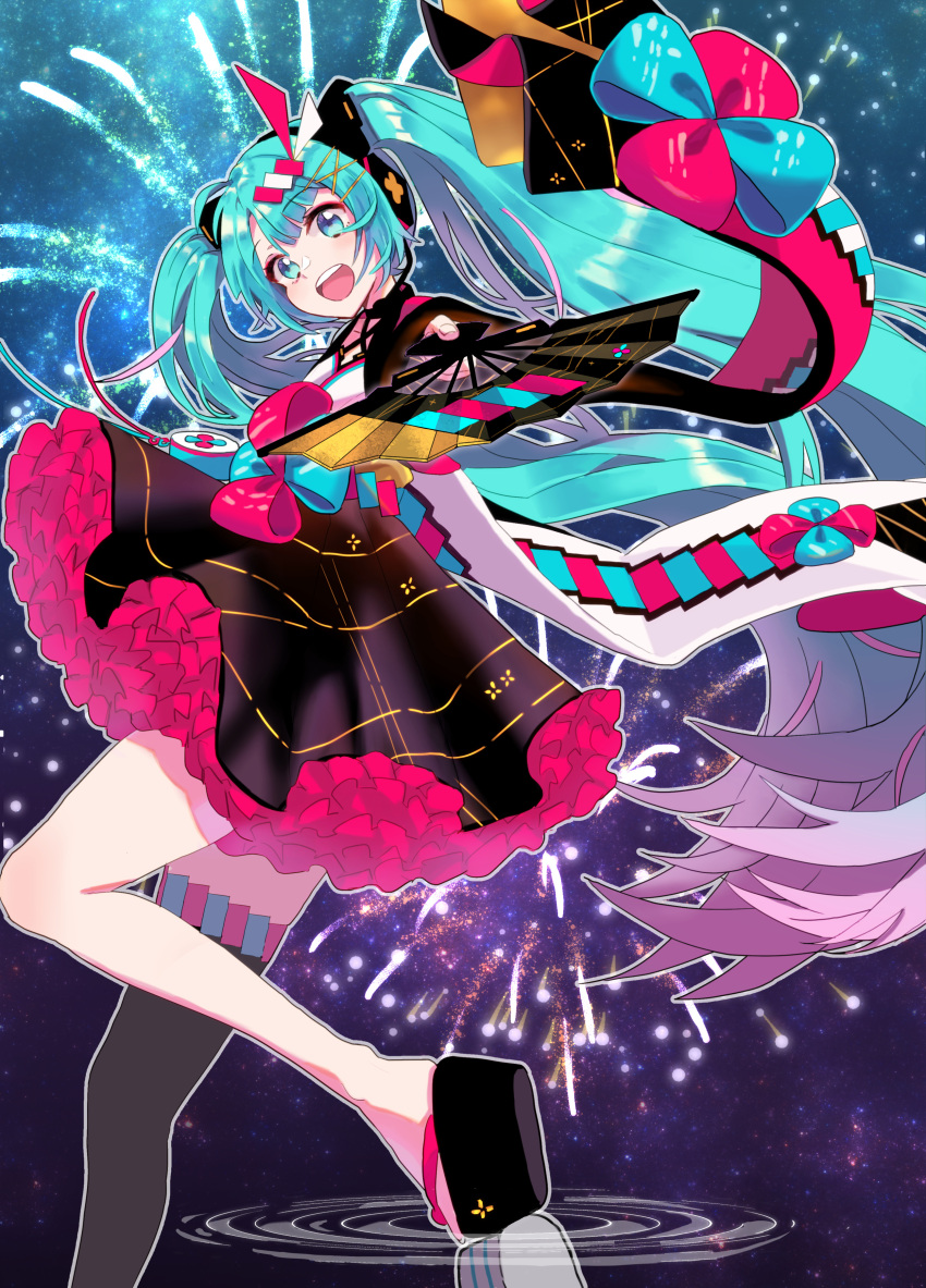 1girl :d absurdres aiming_at_viewer asymmetrical_legwear bangs black_legwear black_skirt blue_bow blue_eyes blue_hair bow commentary eyebrows_visible_through_hair fan foreshortening gradient_hair hatsune_miku headphones highres holding holding_fan layered_skirt leg_up long_hair macha_3939 magical_mirai_(vocaloid) multicolored_hair open_mouth pink_hair red_bow shiny shiny_hair single_thighhigh skirt smile solo thigh-highs twintails very_long_hair vocaloid