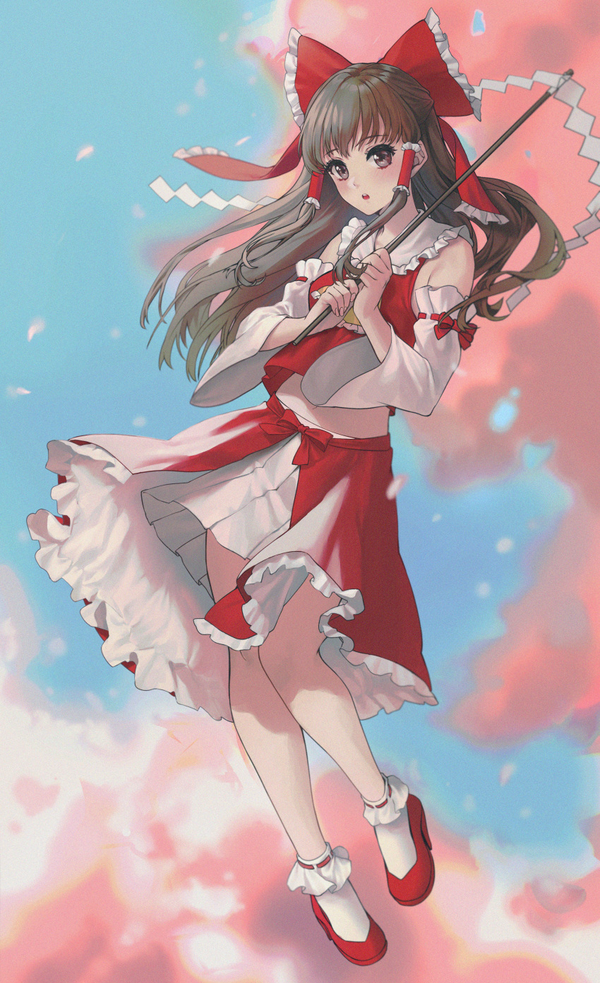 1girl absurdres alternate_costume bow brown_eyes brown_hair clouds cloudy_sky eyebrows_visible_through_hair flying hair_bow hair_ribbon hakurei_reimu highres holding holding_wand huge_filesize kir_(khw66136132) long_hair looking_at_viewer open_mouth red_bow red_footwear red_skirt ribbon shoes skirt sky socks solo touhou wand