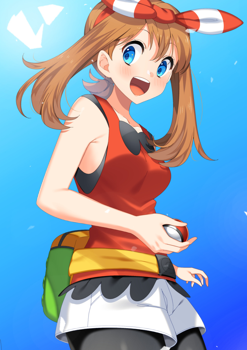 1girl :d absurdres bangs black_legwear blue_background blue_eyes blush bow bow_hairband breasts brown_hair cowboy_shot from_below from_side hair_between_eyes hair_bow hairband highres holding holding_poke_ball legwear_under_shorts long_hair looking_at_viewer may_(pokemon) medium_breasts open_mouth pantyhose poke_ball pokemon pokemon_(game) pokemon_oras red_hairband red_shirt shiny shiny_hair shirt short_shorts shorts sleeveless sleeveless_shirt smile solo striped striped_bow white_shorts yuihico