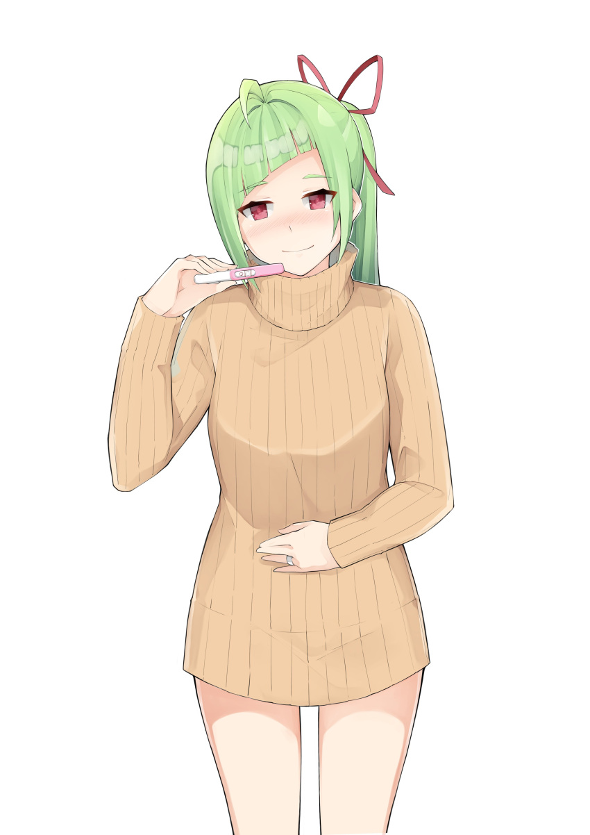 1girl absurdres alternate_costume alternate_hairstyle bangs brown_sweater delutaya english_commentary eyebrows_visible_through_hair green_hair hand_on_own_stomach head_tilt highres holding indie_virtual_youtuber looking_at_viewer marieru no_pants older ponytail pregnancy_test red_eyes smile solo sweater turtleneck turtleneck_sweater