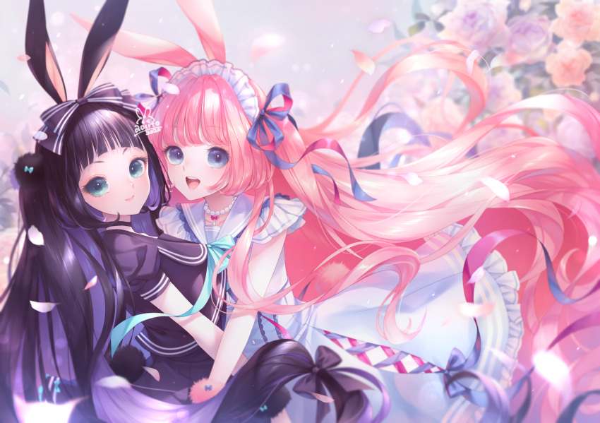 2020 2girls :d animal_ears aoi_itou bare_arms bead_necklace beads black_bow black_dress black_hair blue_eyes bow bunny_tail dress dress_bow flower green_eyes hair_bow hair_intakes hairband highres jewelry long_hair looking_at_viewer low-tied_long_hair multicolored_bow multiple_girls necklace open_mouth original petals pink_hair rabbit_ears shiny shiny_hair signature smile tail upper_body white_dress