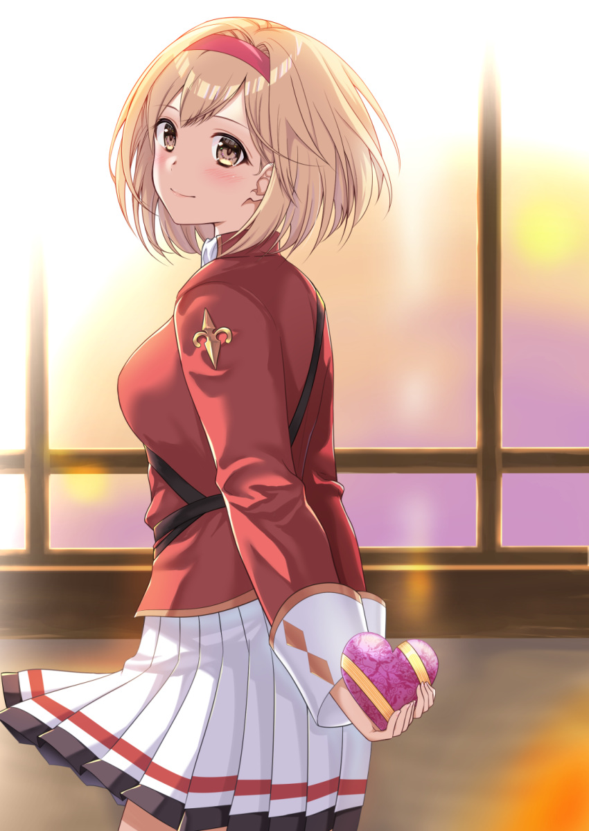 1girl blonde_hair blush box brown_eyes cowboy_shot djeeta_(granblue_fantasy) eko from_side gift gift_box granblue_fantasy hairband heart-shaped_box highres holding holding_box jacket looking_at_viewer looking_to_the_side pleated_skirt red_hairband red_jacket short_hair skirt smile solo white_skirt