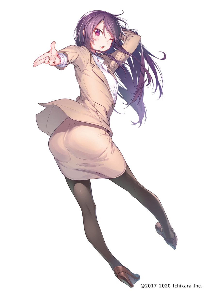 1girl ;o arm_behind_head arms_up ass bent_over black_legwear blush brown_footwear brown_jacket brown_skirt commentary_request dutch_angle finger_gun from_behind full_body gundou_mirei high_heels highres jacket long_hair looking_at_viewer looking_back nijisanji nilitsu office_lady one_eye_closed open_mouth pantyhose pencil_skirt purple_hair shirt simple_background skirt solo very_long_hair violet_eyes virtual_youtuber white_background white_shirt