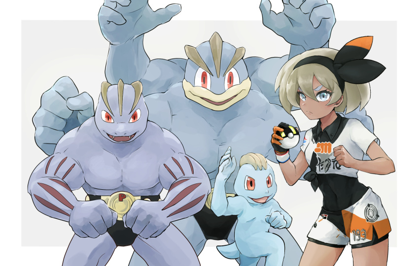 1girl bangs bea_(pokemon) black_bodysuit black_hairband blonde_hair bodysuit bodysuit_under_clothes bow_hairband closed_mouth collared_shirt commentary_request dark_skin dark-skinned_female dynamax_band eyelashes gen_1_pokemon gloves grey_eyes gym_leader hair_between_eyes hairband hands_up highres holding holding_poke_ball inonaga machamp machoke machop number poke_ball pokemon pokemon_(creature) pokemon_(game) pokemon_swsh print_shirt print_shorts shirt short_hair short_sleeves shorts side_slit side_slit_shorts single_glove tied_shirt