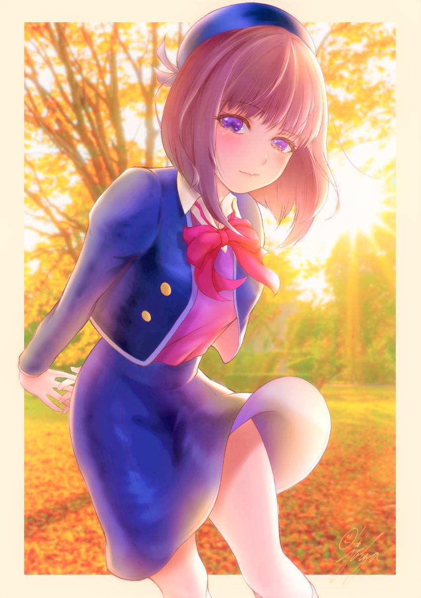 1girl absurdres arima_kana arms_behind_back autumn autumn_leaves bangs beret blue_headwear blue_jacket blue_skirt blunt_bangs blunt_ends blurry blurry_background border bow bowtie brown_hair close-up collared_shirt commentary_request cowboy_shot depth_of_field evening floating_hair hat highres ichijo_kazuya interlocked_fingers jacket juliet_sleeves light_rays lips long_sleeves looking_at_viewer loose_bowtie oshi_no_ko outdoors outside_border own_hands_together park pink_lips puffy_sleeves purple_sweater red_bow red_neckwear shirt short_hair signature skirt smile solo sunlight sweater tree twilight violet_eyes white_border white_shirt