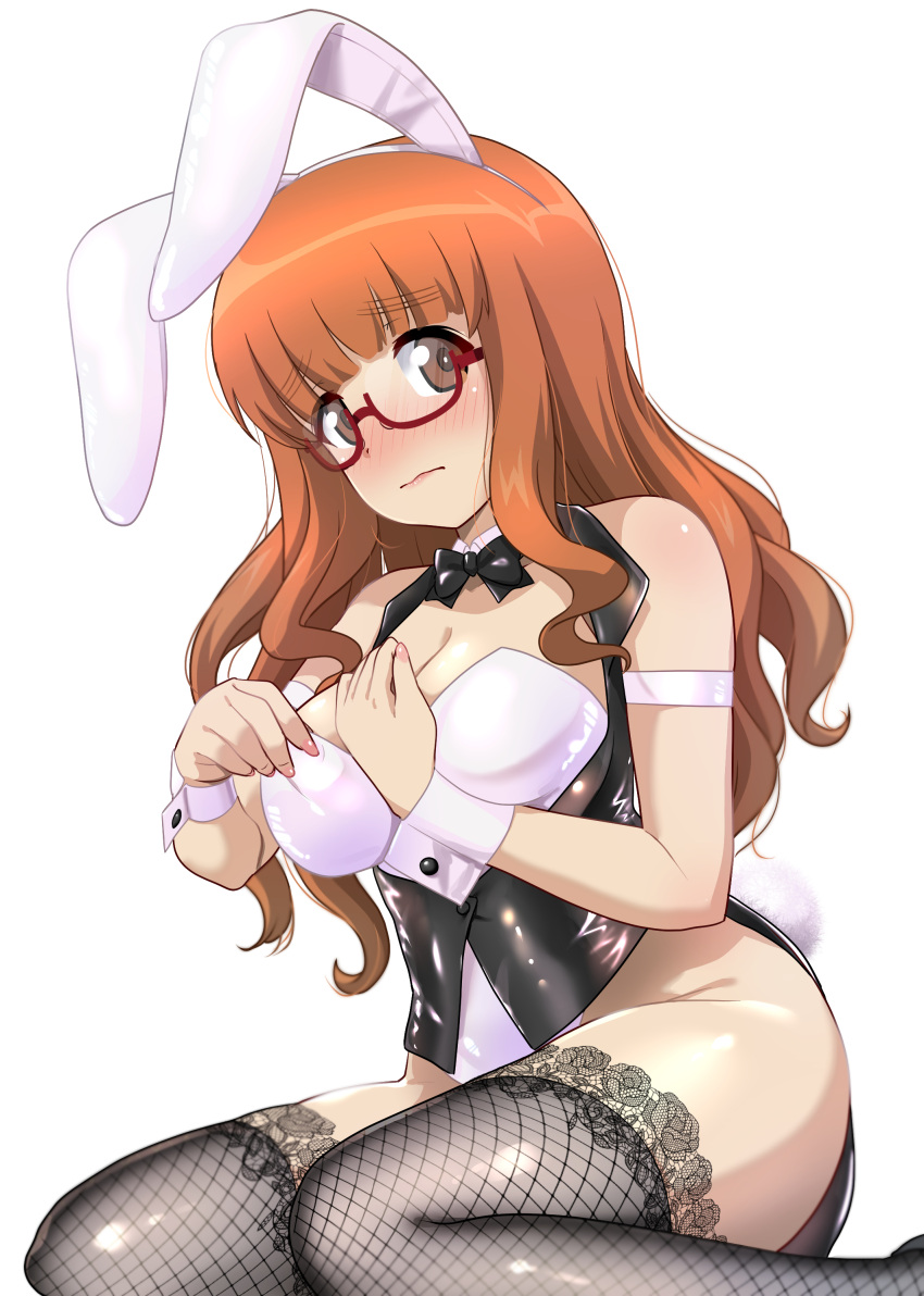 1girl :| absurdres adjusting_clothes adjusting_leotard animal_ears bangs bare_shoulders blunt_bangs blush bow bowtie breasts brown_eyes brown_hair bunny_tail closed_mouth commentary_request excel_(shena) fake_animal_ears fake_tail fishnet_legwear fishnets from_side girls_und_panzer glasses highres kneeling large_breasts leotard long_hair looking_at_viewer orange_hair playboy_bunny red-framed_eyewear semi-rimless_eyewear simple_background tail takebe_saori thigh-highs under-rim_eyewear vest wavy_mouth white_background wrist_cuffs